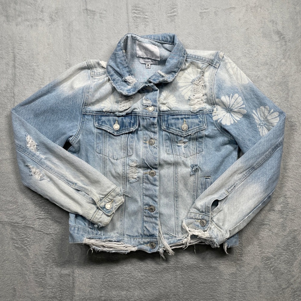 Vervet Denim Jacket Womens M Light Blue Distressed Floral Daisy
